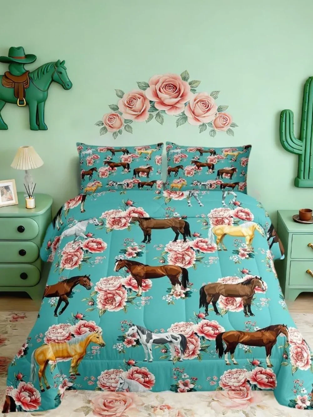 Girls Horse Comforter Set - Full Size Pink Flower Bedding Set for Kids - Gallopi